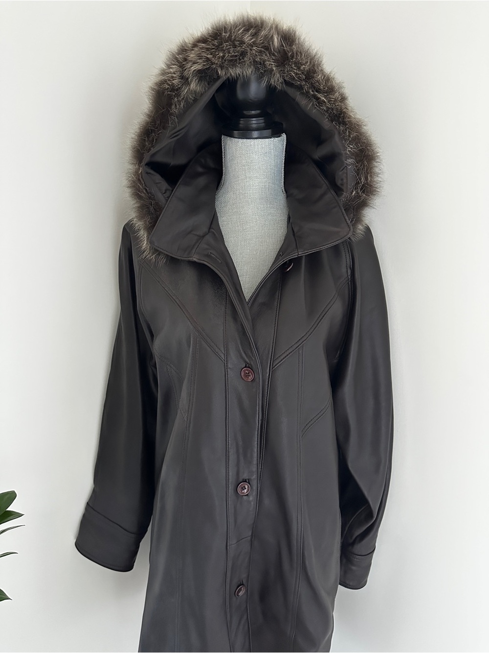 Women's Leather Hooded Coat sz L-XXL - Brown